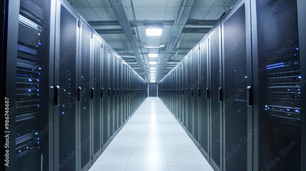 Poster data center servers in a row with illuminated network racks