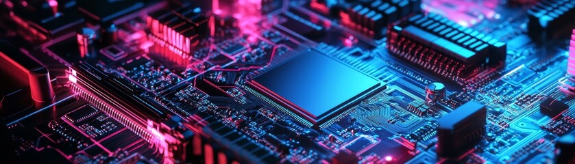 Fototapeta premium Neon Circuit Board Closeup with Pink and Blue Lighting