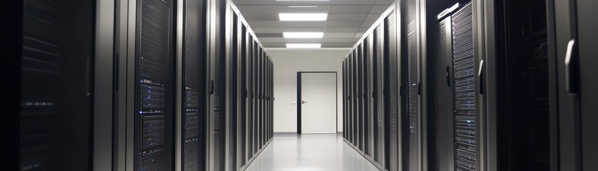 Data Center Server Room Interior with Rows of Black Racks and a Doorway