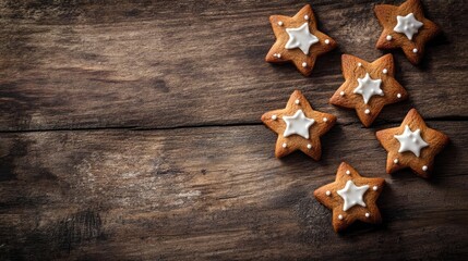 Delicious star-shaped cookies with white icing on a rustic wooden surface, perfect for festive celebrations and holiday treats.