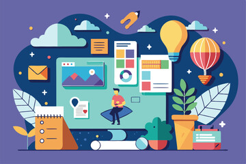 A vibrant flat illustration showcases elements for assembling a vision board, inspiring creativity and organization, Customizable flat illustration for vision board