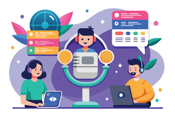 Fototapeta premium A colorful illustration showcasing users engaging in a voice chat with various devices and graphics, Customizable flat illustration for voice chat.