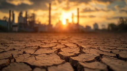 A barren landscape with cracked soil under a dramatic sunset, showcasing the effects of drought and industrial encroachment.