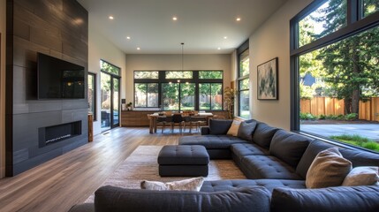 Fototapeta premium Modern Living Room Interior Design with Sectional Sofa and Large Windows