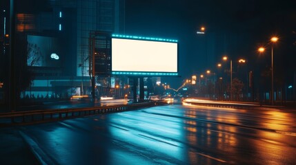 Cityscape at Night with Blank Billboard and Light Trails