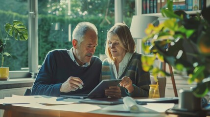 Senior couple exploring digital drawing on a tablet in their home office
