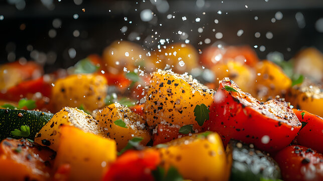 Vibrant vegetables sprinkled with seasoning create a colorful and appetizing dish, perfect for culinary delights and healthy meals.