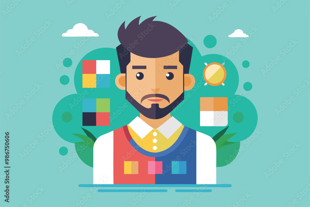Poster A man stands with a thoughtful expression surrounded by colorful design elements and palettes, Customizable flat illustration in first class quality.