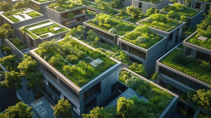 Aerial view of modern buildings with green roofs, showcasing urban architecture combined with nature in a sustainable design.