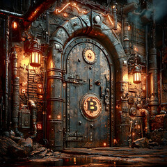 Obraz premium A mysterious industrial door adorned with Bitcoin symbols in a dimly lit, steampunk-inspired setting at night