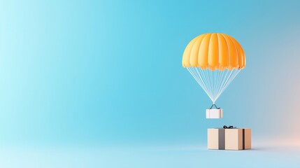 Gift Delivery with Parachute on Blue Background