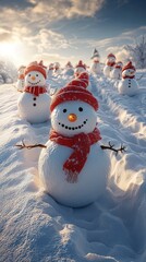 Obraz premium Happy snowman family with a bright blue winter sky