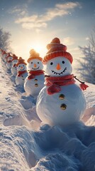 Fototapeta premium Happy snowman family with a bright blue winter sky