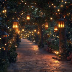 Pathway lined with glowing holiday lights and lanterns, 3D illustration