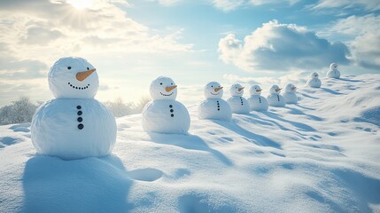 Happy snowman family with a bright blue winter sky