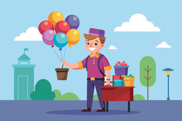 A friendly balloon seller holds a bunch of vibrant balloons ready to delight children and passersby, Customizable flat illustration of a balloon seller.
