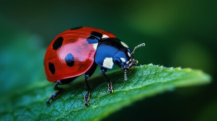 Fototapeta premium Ladybug on Green Leaf Macro Photography