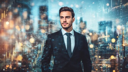 Fototapeta premium Businessman Looking at Cityscape with Data Visualization