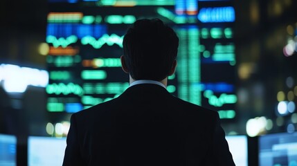 Businessman Looking at Data on Monitors in Dark Office