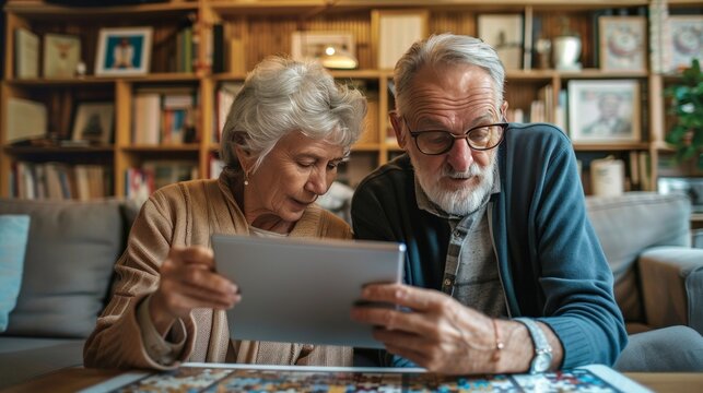 Senior couple solving puzzles together on a tablet in a cozy corner of their home