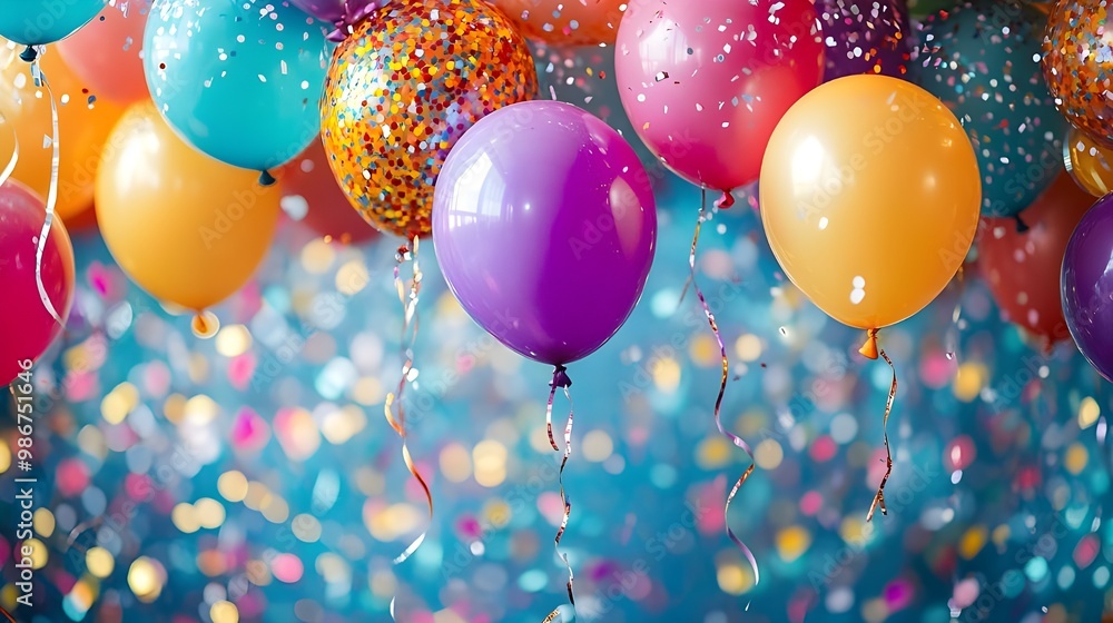 Poster colorful balloons with confetti and bokeh background. 3d rendering - generated ai
