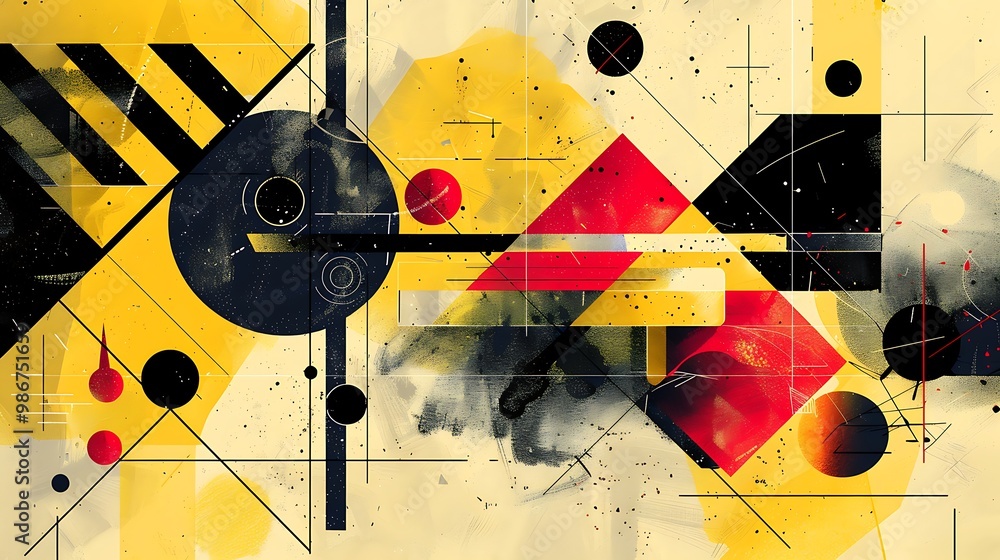 Poster dynamic abstract composition featuring geometric shapes and vibrant colors. the interplay of lines, 