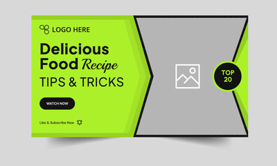 Delicious food recipe tips and tricks video thumbnail banner design, food cover banner design, fully customizable vector eps 10 file format