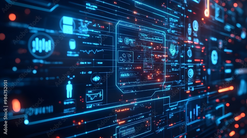 Poster Futuristic interface with HUD elements. 3d rendering toned image double exposure - Generated AI