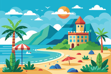 Enjoy a vibrant beach landscape featuring mountains, palm trees, and colorful umbrellas by the shore, Customizable flat illustration of a beach.