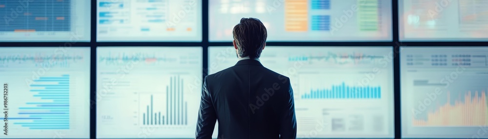Poster businessman analyzing data on multiple screens