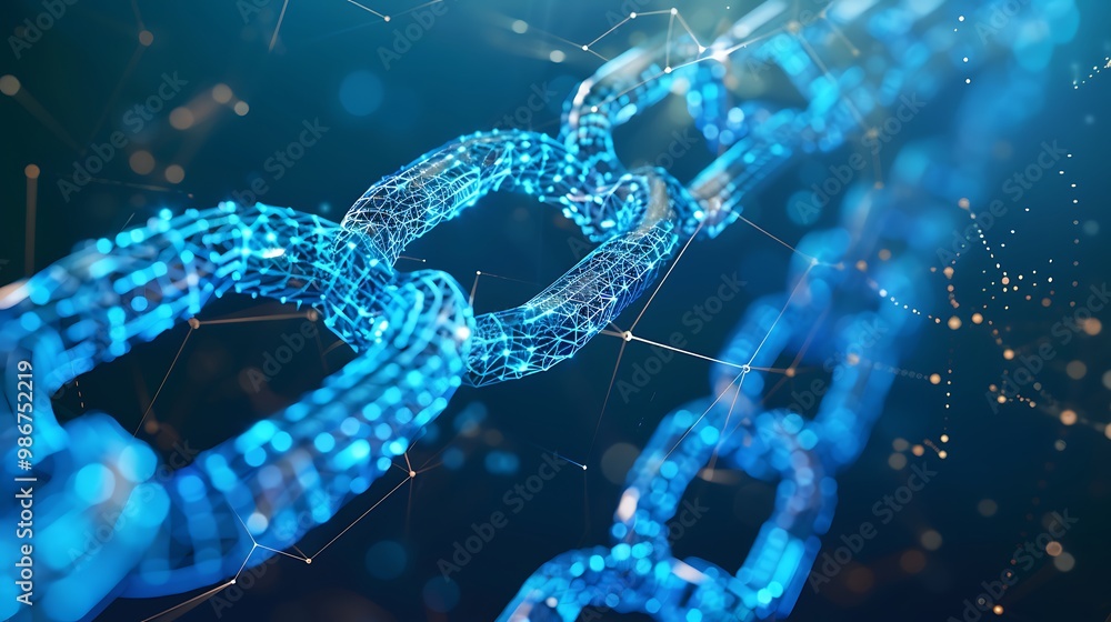 Poster abstract representation of a blockchain chain with glowing blue links and a digital network backgrou