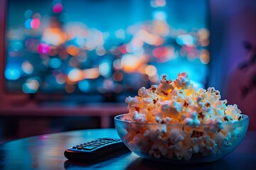Cinema concept. Popcorn in a glass bowl and TV remote control on the background of the night city. - Generated AI