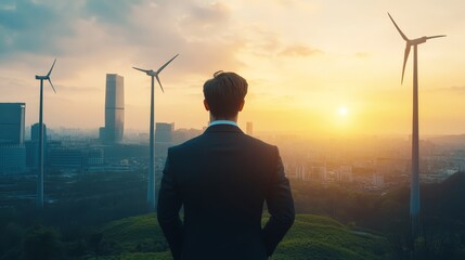 Businessman Looking at Wind Turbines and Cityscape at Sunset