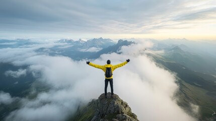 Obraz premium Adventurer on Mountain Peak Embracing Nature's Beauty