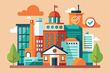 Fototapeta premium This illustration features a vibrant array of buildings showcasing diverse architectural styles in a city setting, Customizable flat illustration of a building permit.