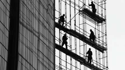 Construction Workers on Scaffolding  Silhouette Against Modern Building