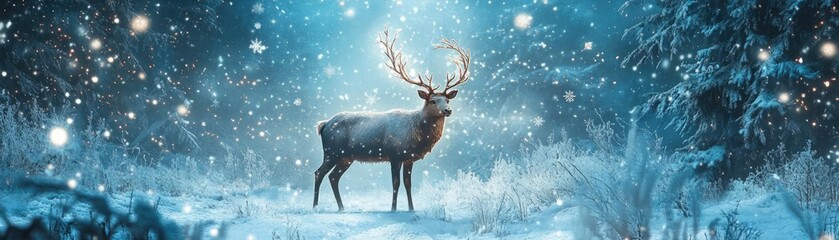 A serene winter scene featuring a majestic deer standing in a snowy landscape, illuminated by soft, enchanting lights.