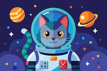 A whimsical cat in a spacesuit ventures through the cosmos filled with colorful planets, Customizable flat illustration of a cat astronaut.