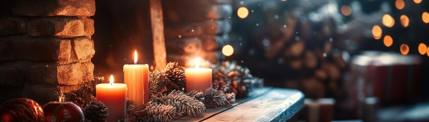 Cozy fireplace scene with candles and festive decorations, creating a warm, inviting atmosphere for holiday celebrations.