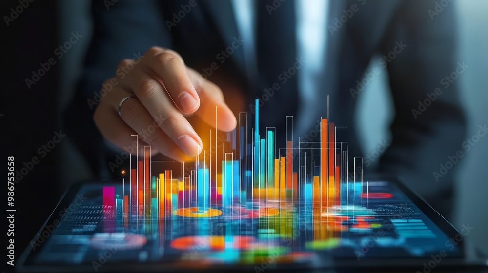Poster businessman analyzing data on tablet with charts and graphs