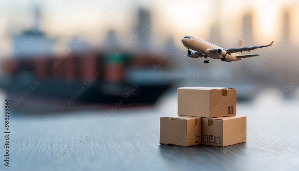 Poster efficient cargo transport is depicted with cargo plane flying above stacked boxes, symbolizing globa