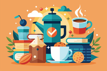 Enjoy a relaxing coffee break surrounded by snacks, books, and a kettle in a warm atmosphere, Customizable flat illustration of a coffee break.