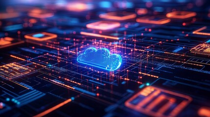 Glowing Cloud Icon Over a Digital Circuit Board