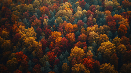 Fototapeta premium aerial view of vibrant autumn forest in golden hues