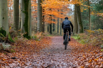 Obraz premium Cyclist on a Forest Path in Autumn