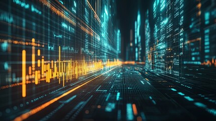 Digital Cityscape with Glowing Data Streams and Code