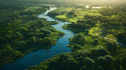 aerial view of winding river through lush green forest landscape