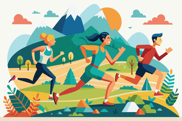 Three athletes run together through a vibrant landscape with mountains and trees under a sunny sky, Customizable flat illustration of a cross country race.