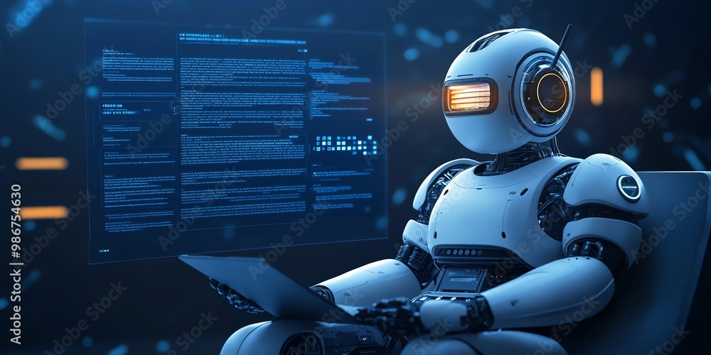 Poster a humanoid robot is sitting with a laptop, reviewing code on a large display.