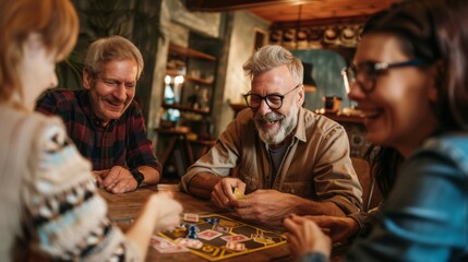 Senior man teaching his friends to play a new card game during a gathering